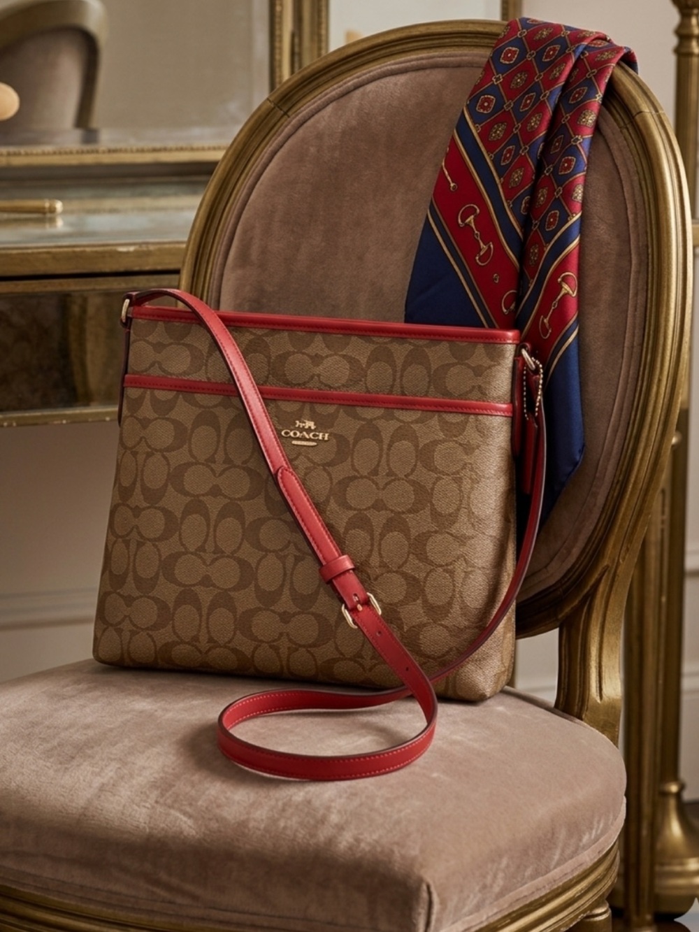 COACH Signature messenger bag Canvas Crossbody Bag in Khaki with Red Trim